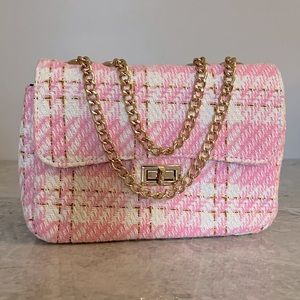 Designer Urban Expressions pink tweed convertible cross body w rose gold chain